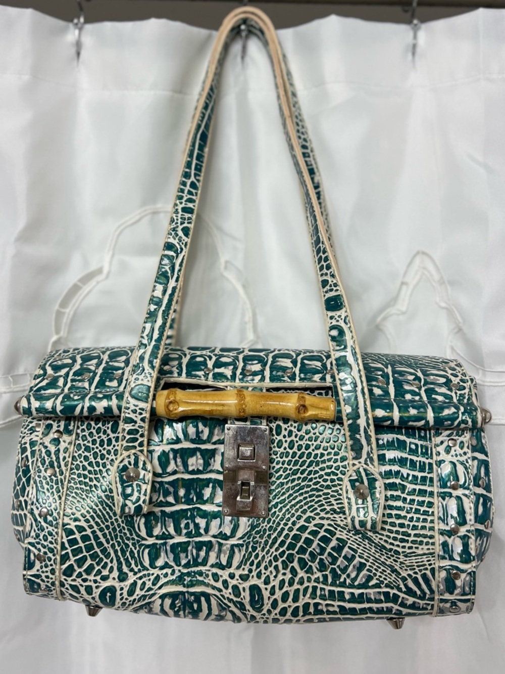 Vintage Croc Embossed Bamboo Handle Shoulder Bag Blue White Y2K